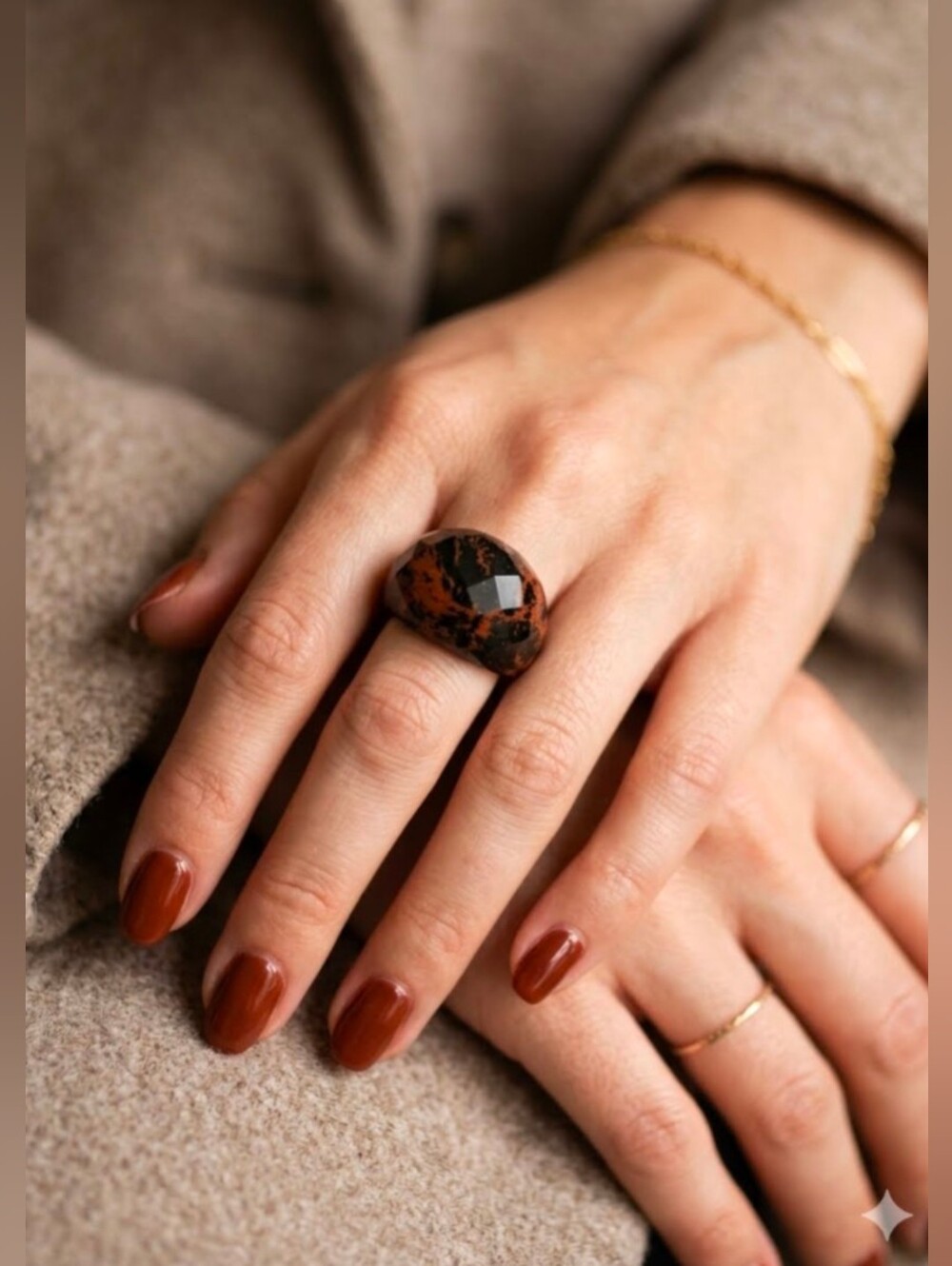 Faceted Obsidian Dome Ring With Orange Matrix Size 7